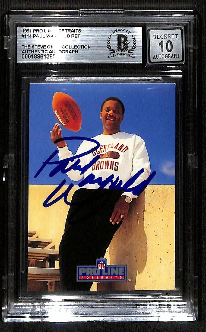1991 Pro Line Portraits Paul Warfield signed Beckett 10 card: 1991 Pro Line Portraits Paul Warfield signed Beckett 10 card This 1991 Pro Line Portraits football card features Hall of Fame wide receiver Paul Warfield and is hand-signed by him. The card is encapsu