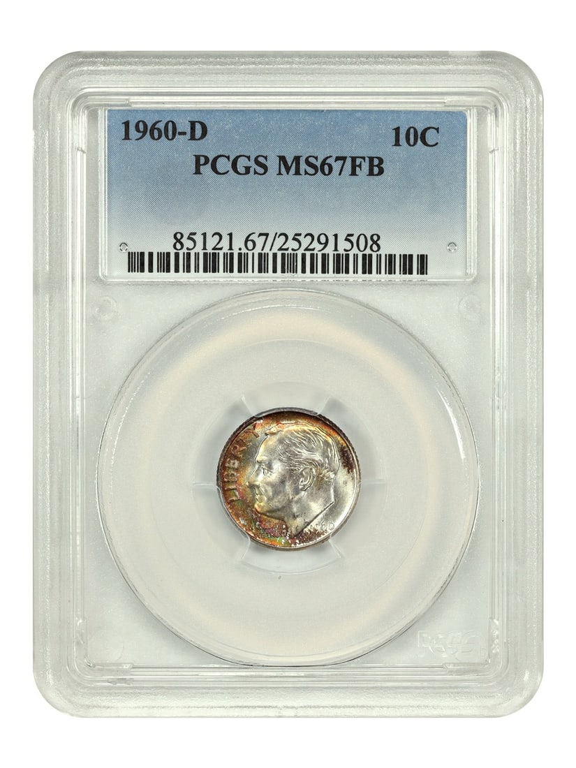 PCGS MS67FB 1960-D Roosevelt Dime 10C: PCGS MS67FB 1960-D Roosevelt Dime 10C 1960-D Roosevelt Dime graded PCGS MS67FB. This uncirculated 10C coin from the Denver mint shows golden and russet toning with hints of rainbow coloration. Frosty 