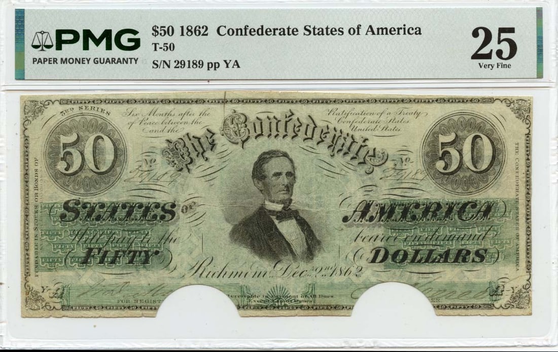 Confederate States 1862 Fifty Dollar Note PMG Certified VF25: Confederate States 1862 Fifty Dollar Note PMG Certified VF25 This is an 1862 $50 Confederate States of America note, certified by PMG with a grade of VF25. The note is circulated and originates from t