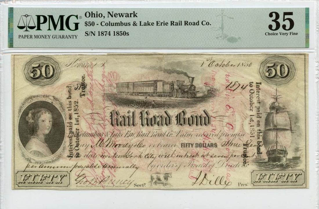 1850 $50 Newark Ohio Railroad Co Obsolete Note PMG VF35: 1850 $50 Newark Ohio Railroad Co Obsolete Note PMG VF35 This is an 1850s $50 Ohio Newark Railroad Bond, a noteworthy collectible piece from a significant period in American history. It has been certif