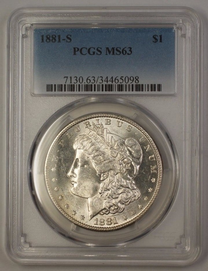 PCGS MS63 1881-S Morgan Silver Dollar: PCGS MS63 1881-S Morgan Silver Dollar This is an 1881 Morgan Silver Dollar from the United States, minted in San Francisco. The coin is composed of silver and has been graded MS 63 by PCGS, indicating
