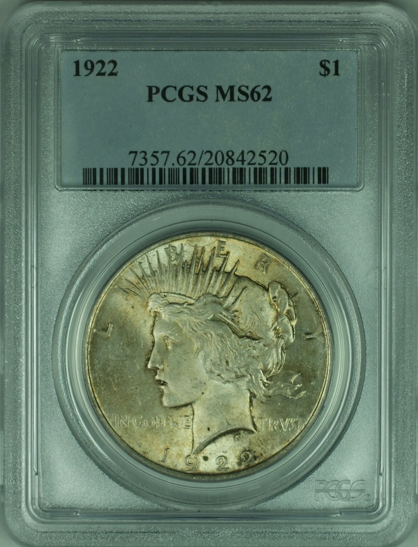 1922 Peace Dollar Silver Coin PCGS MS62 Philadelphia Toned: 1922 Peace Dollar Silver Coin PCGS MS62 Philadelphia Toned This is a 1922 Peace Silver Dollar $1 coin from the United States, certified by PCGS with a grade of MS-62. The coin is uncirculated and mint