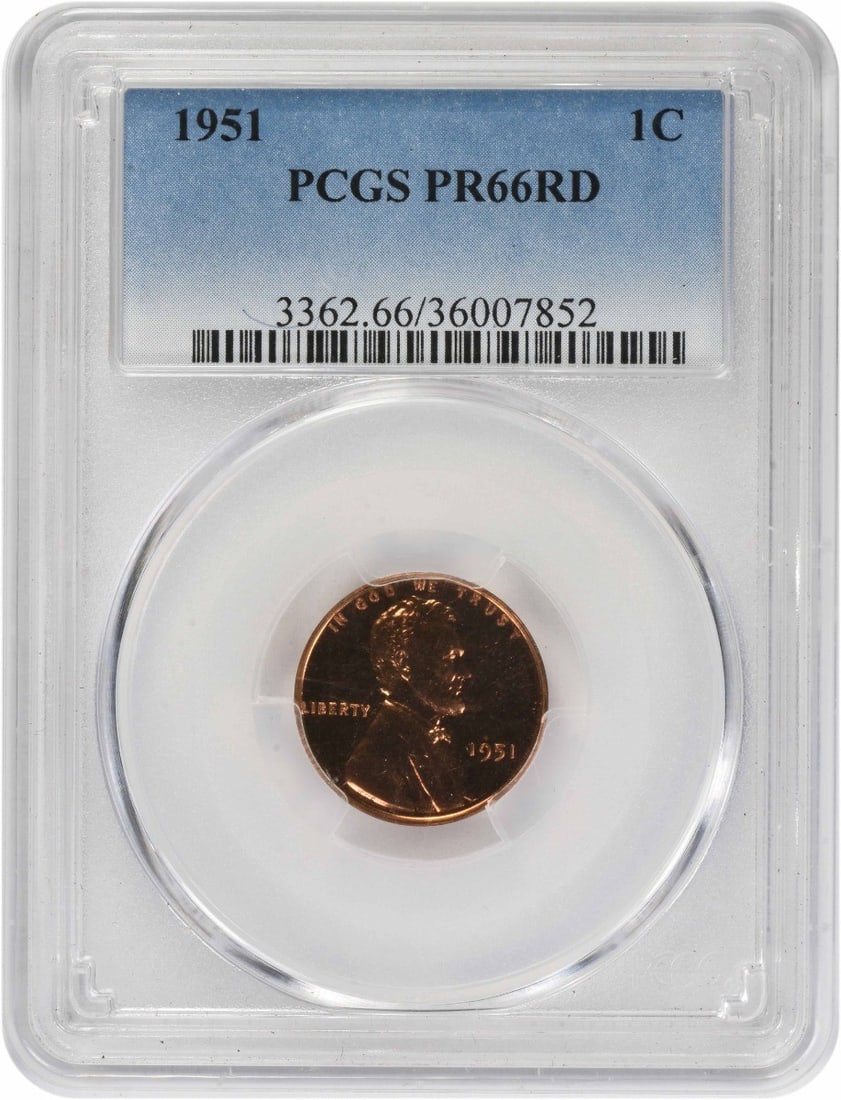1951 Proof Lincoln Wheat Cent PR66 Red by PCGS: 1951 Proof Lincoln Wheat Cent PR66 Red by PCGS This is a 1951 Lincoln Wheat Cent featuring a proof strike. Certified by PCGS with a grade of PR66RD, this uncirculated coin is composed of copper and ha