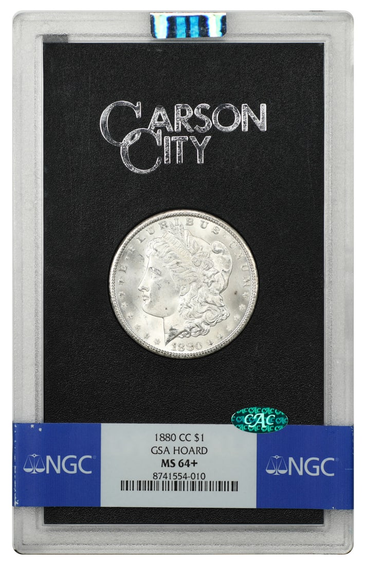 1880 CC Morgan Dollar $1 NGC MS64+ CAC GSA Case: 1880 CC Morgan Dollar $1 NGC MS64+ CAC GSA Case 1880-CC Morgan Dollar $1 certified by NGC and endorsed by CAC, with an MS64+ grade. This CC-mint GSA example is housed in the original hard case and is 