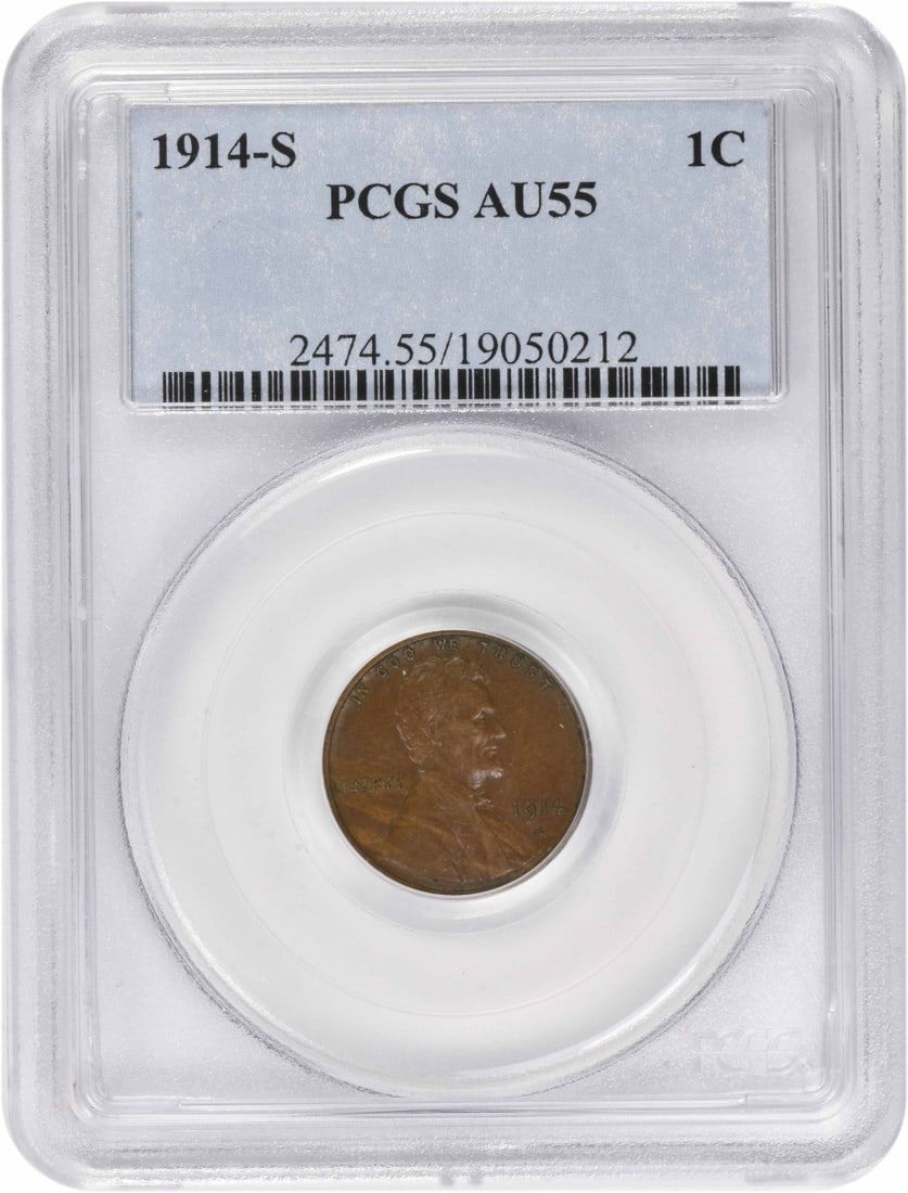 PCGS AU55 1914 S Lincoln Wheat Small Cent: PCGS AU55 1914 S Lincoln Wheat Small Cent 1914-S Lincoln Wheat Cent graded AU55 by PCGS. This pre-owned circulated coin is composed of copper and has a Small Cent denomination. It was minted in the Un