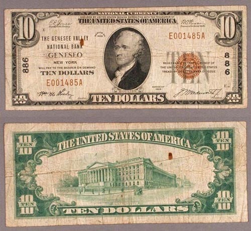 1929 T-1 $10 National Bank Note Geneseo New York CH#886: 1929 T-1 $10 National Bank Note Geneseo New York CH#886 This is a 1929 T-1 $10 National Bank Note from Geneseo, New York. It is graded as VG/F (Very Good to Fine) and is a pre-owned item, reflecting i