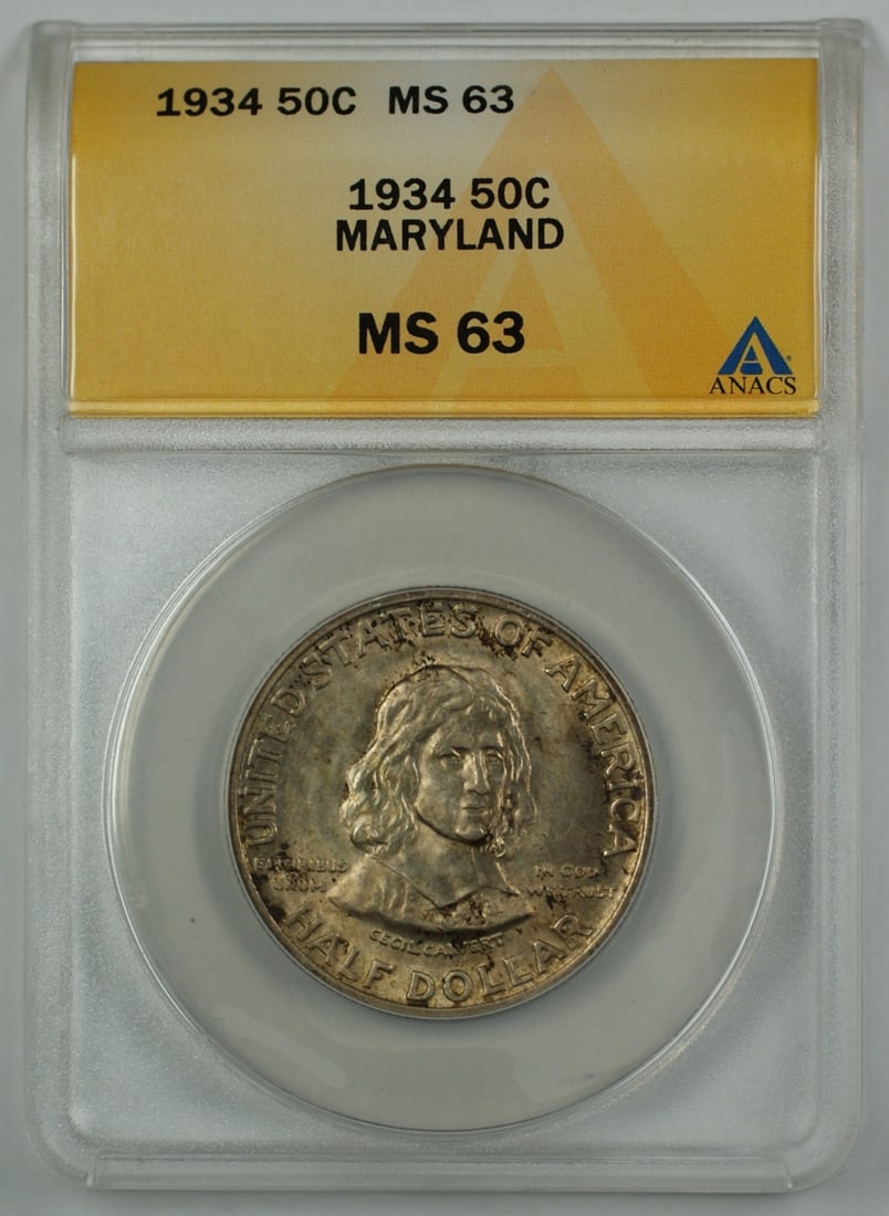ANACS MS 63 1934 Maryland commemorative silver half dollar: ANACS MS 63 1934 Maryland commemorative silver half dollar This 1934 Maryland Commemorative Silver Half Dollar is an uncirculated coin graded MS 63 by ANACS. Struck in Philadelphia, it features attrac