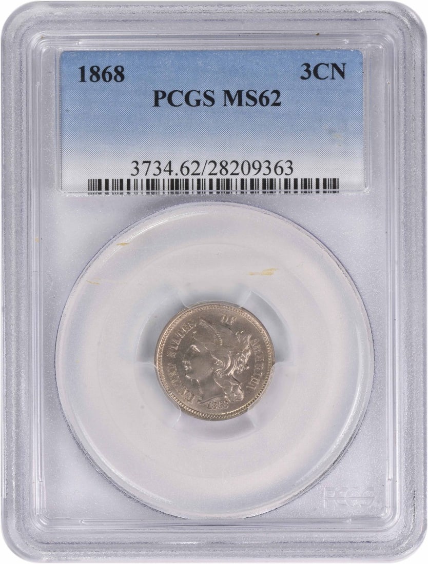 1868 Uncirculated Three Cent Nickel MS62 PCGS Philadelphia Mint: 1868 Uncirculated Three Cent Nickel MS62 PCGS Philadelphia Mint This 1868 Three Cent Nickel is a remarkable piece, certified as MS62 by PCGS, showcasing its uncirculated condition. Struck at the Phila