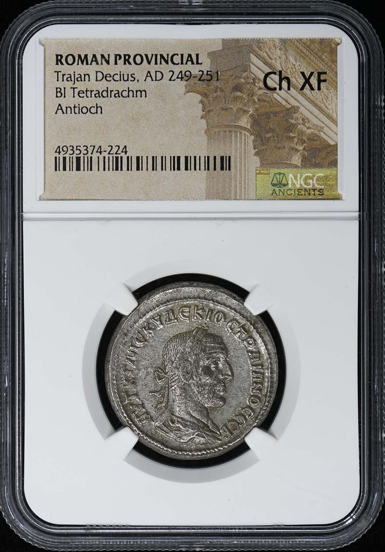 Roman Provincial Tetradrachm of Trajan Decius NGC Certified Ch XF: Roman Provincial Tetradrachm of Trajan Decius NGC Certified Ch XF Roman Provincial BI Tetradrachm from the reign of Trajan Decius, AD 249-251. Certified by NGC with a Choice Extremely Fine (Ch XF) gra