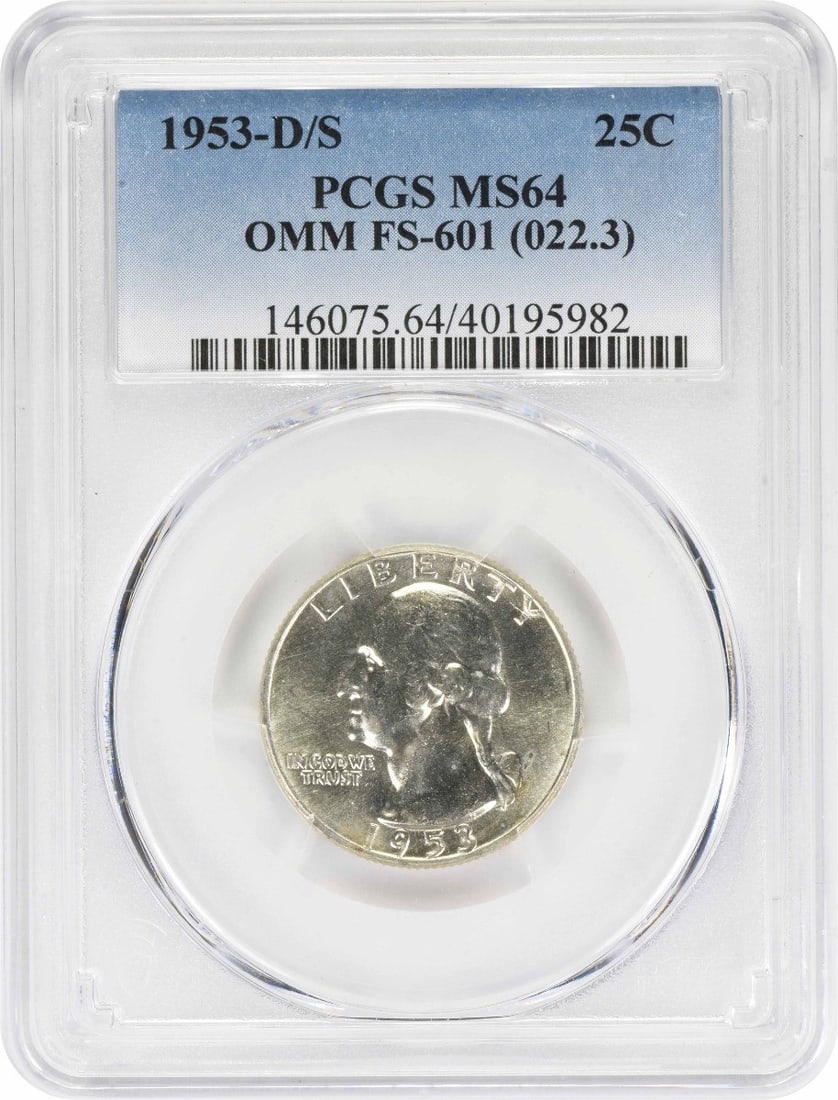 PCGS MS64 1953 Denver Washington Quarter FS-601: PCGS MS64 1953 Denver Washington Quarter FS-601 This is a 1953-D/S Washington Quarter graded MS64 by PCGS. Struck at the Denver Mint, this uncirculated coin features the design by John Flanagan and is