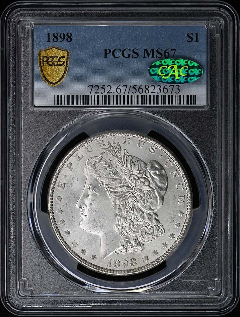 1898 Morgan Dollar PCGS MS67 CAC Philadelphia Mint: 1898 Morgan Dollar PCGS MS67 CAC Philadelphia Mint This 1898 Morgan Dollar is graded MS67 by PCGS and features the CAC designation for added quality assurance. Struck in Philadelphia, this uncirculate