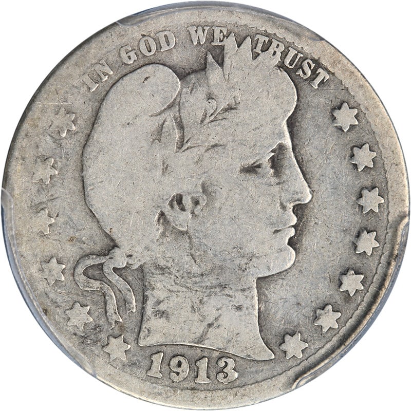 PCGS G04 1913-S Barber Quarter Silver Key Date San Francisco Mint: PCGS G04 1913-S Barber Quarter Silver Key Date San Francisco Mint This 1913-S Barber Quarter is graded PCGS G04 and features appealing color and surfaces. It is a circulated coin with a strong strike,