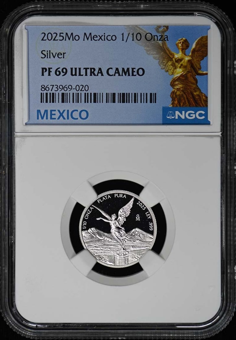 2025 Mexico Libertad 1 10 Onza Silver NGC PF69UC: 2025 Mexico Libertad 1 10 Onza Silver NGC PF69UC This 2025 Mo Mexico 1/10 Onza Libertad Silver coin is graded by NGC as PF69 Ultra Cameo, indicating a nearly flawless proof finish. With a low mintage 