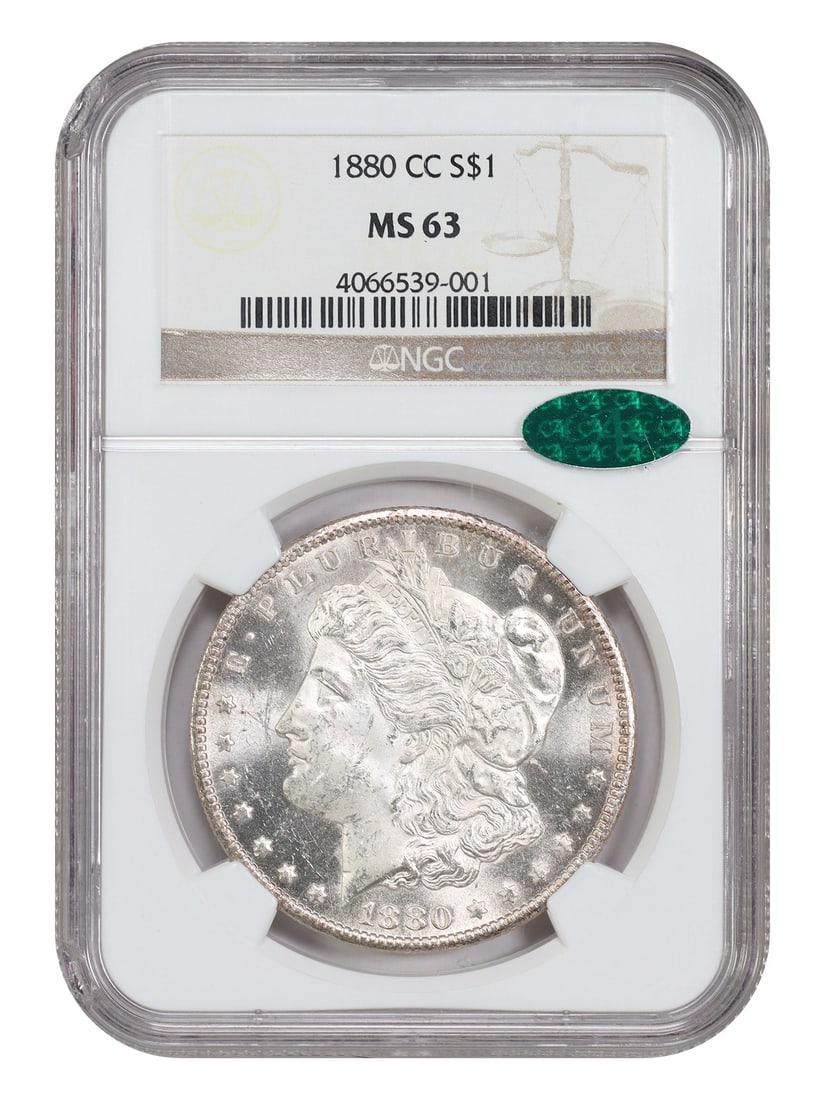 1880 CC Morgan Dollar $1 MS63 NGC CAC Carson City: 1880 CC Morgan Dollar $1 MS63 NGC CAC Carson City 1880-CC Morgan Dollar certified by NGC and CAC, graded MS63. This uncirculated $1 coin is from the Carson City Mint and is identified as a better date