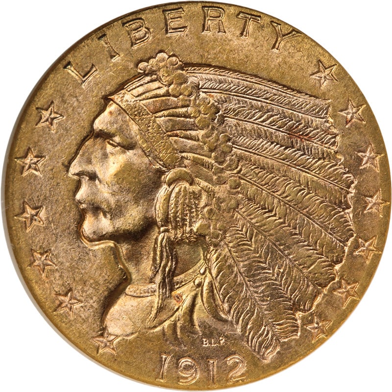 1912 $2.50 Indian Gold Coin NGC MS63: 1912 $2.50 Indian Gold Coin NGC MS63 1912 Indian Gold $2.50 coin graded NGC MS63. This uncirculated gold coin is described as having great eye appeal, fantastic luster, a strong strike, great color, a