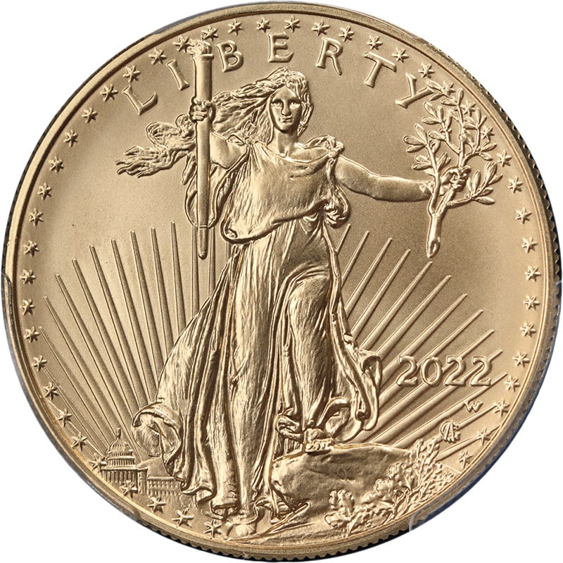 PCGS SP70 Burnished 2022-W $50 Gold Eagle First Strike Coin: PCGS SP70 Burnished 2022-W $50 Gold Eagle First Strike Coin This 2022-W Gold American Eagle $50 Burnished coin is graded SP70 by PCGS and features exceptional luster and a strong strike. It is a burni