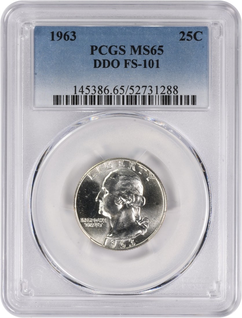 1963 Washington Silver Quarter DDO MS65 PCGS Certified 90% Silver: 1963 Washington Silver Quarter DDO MS65 PCGS Certified 90% Silver This 1963 Washington Silver Quarter is a remarkable collectible, certified by PCGS with a high grade of MS65. Struck in Philadelphia, 