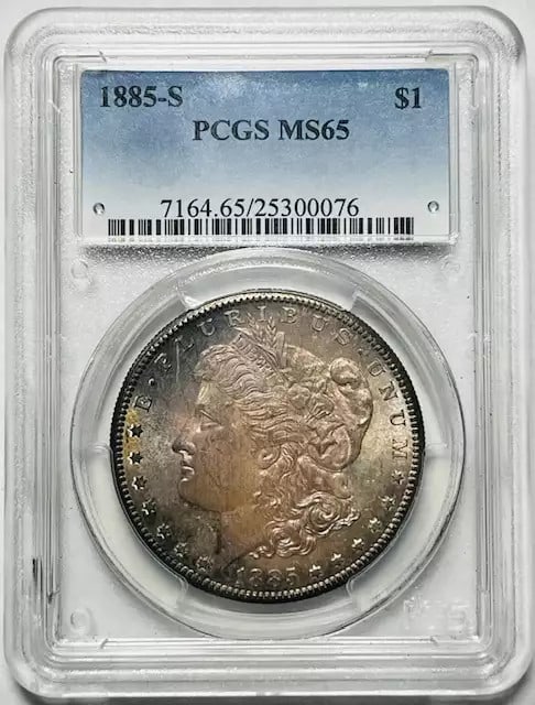 1885-S PCGS MS-65 Morgan Silver Dollar Cool Colors: 1885-S PCGS MS-65 Morgan Silver Dollar Cool Colors This 1885 Morgan Silver Dollar was minted in San Francisco and is graded MS 65 by PCGS. Composed of silver, this uncirculated coin is a collectible p