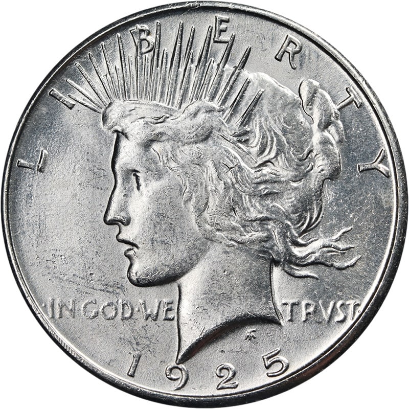 1925-S Silver Peace Dollar Choice BU Blast White: 1925-S Silver Peace Dollar Choice BU Blast White This 1925-S Peace Dollar is an uncirculated silver coin featuring a brilliant, blast white appearance with superb eye appeal. It has fantastic luster, 
