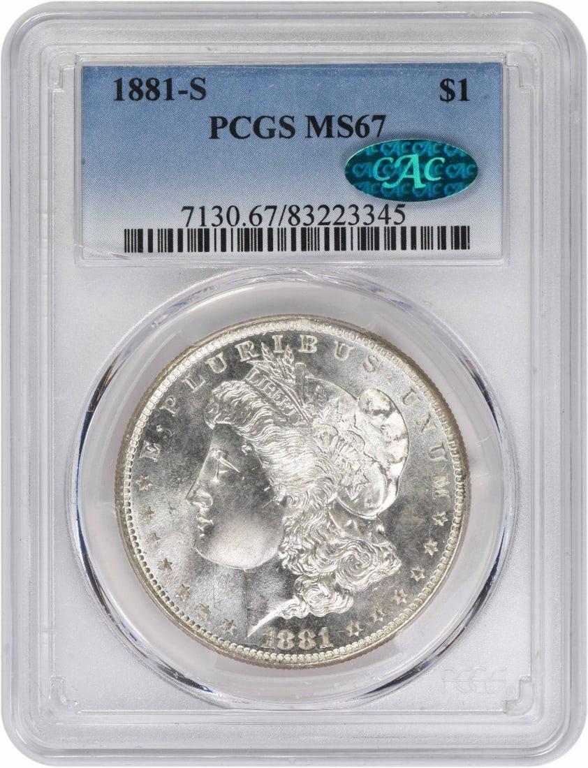 PCGS CAC MS67 1881 San Francisco Morgan Silver Dollar: PCGS CAC MS67 1881 San Francisco Morgan Silver Dollar This 1881-S Morgan Silver Dollar is graded MS67 by PCGS and features CAC approval. Struck at the San Francisco Mint, this uncirculated coin is com