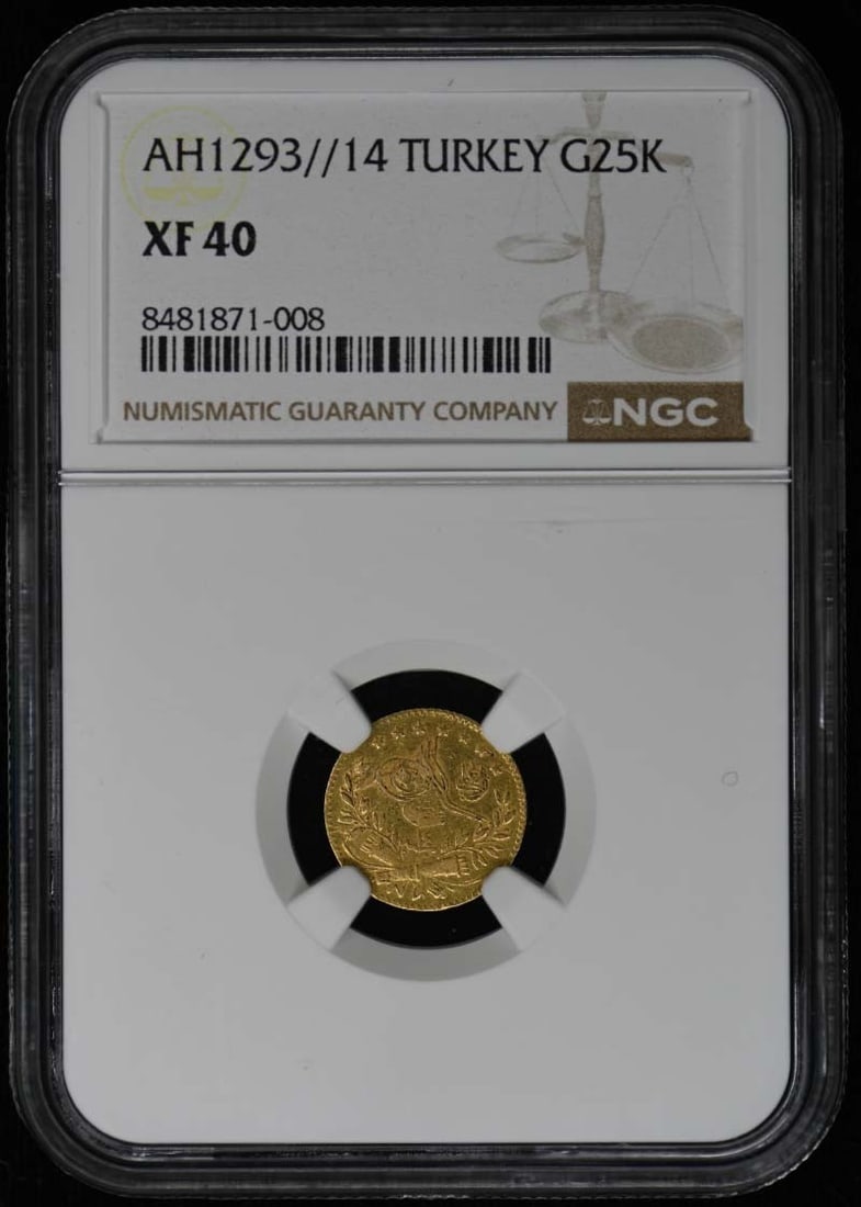 Turkey G25K NGC XF40 AH1293 0532oz Coin: Turkey G25K NGC XF40 AH1293 0532oz Coin This Turkish gold 25 Kurush coin, dated AH1293//14, has been graded XF40 by NGC. The coin contains 0.0532 troy ounces of gold and is in circulated condition. It
