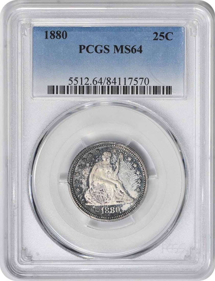 PCGS MS64 1880 Seated Liberty 25C Silver Quarter: PCGS MS64 1880 Seated Liberty 25C Silver Quarter This is an 1880 Liberty Seated Silver Quarter graded MS64 by PCGS. The coin is uncirculated and features the classic Seated Liberty design. It is compo