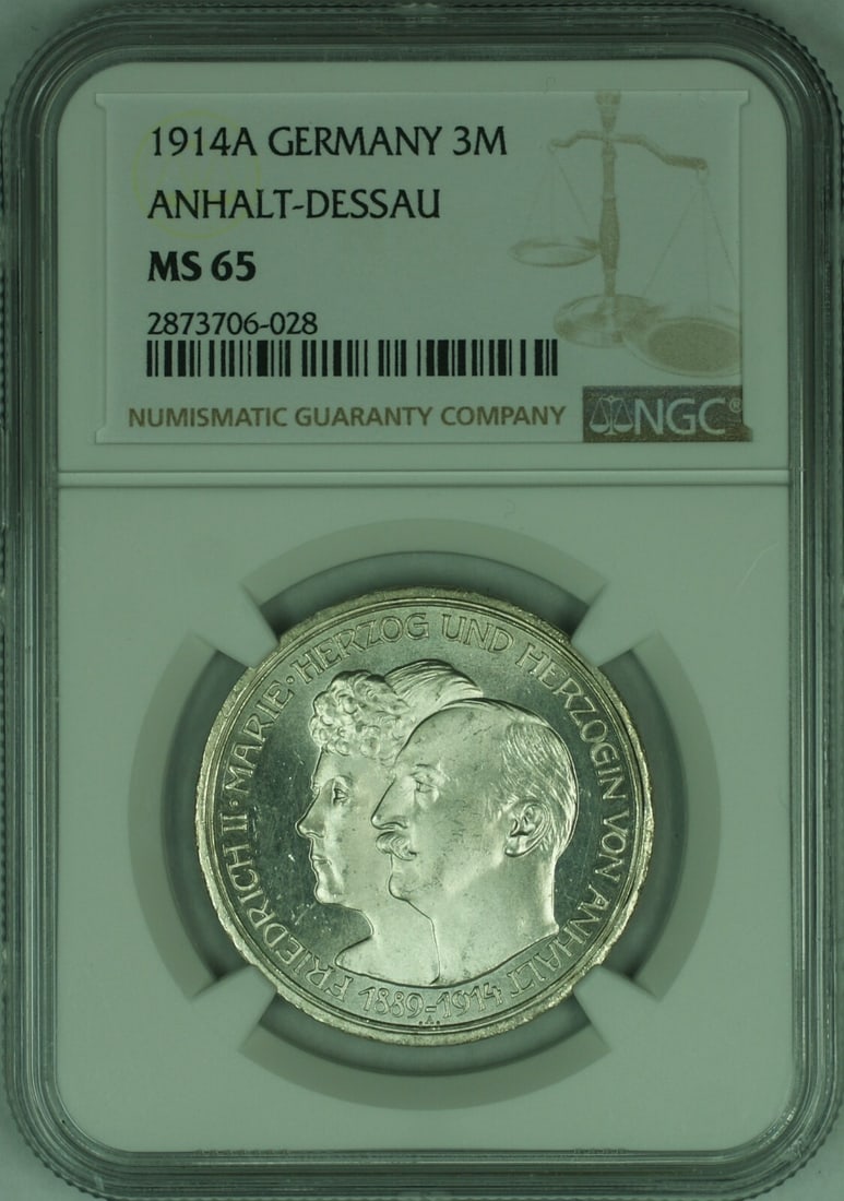 1914-A Anhalt-Dessau Silver 3 Mark NGC MS-65 Coin Germany Empire: 1914-A Anhalt-Dessau Silver 3 Mark NGC MS-65 Coin Germany Empire This 1914-A Germany-Anhalt-Dessau 3 Mark coin is composed of silver with a fineness of 0.9. Issued during the German Empire period (187