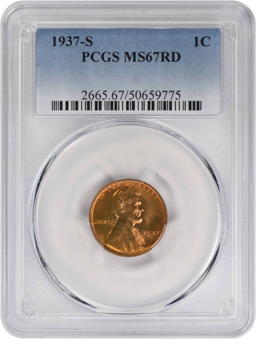 PCGS MS67RD 1937-S Lincoln Wheat Copper Small Cent: PCGS MS67RD 1937-S Lincoln Wheat Copper Small Cent This 1937-S Lincoln Wheat Cent is graded MS67 Red by PCGS. Struck in copper, this uncirculated coin originates from the San Francisco Mint and is a f