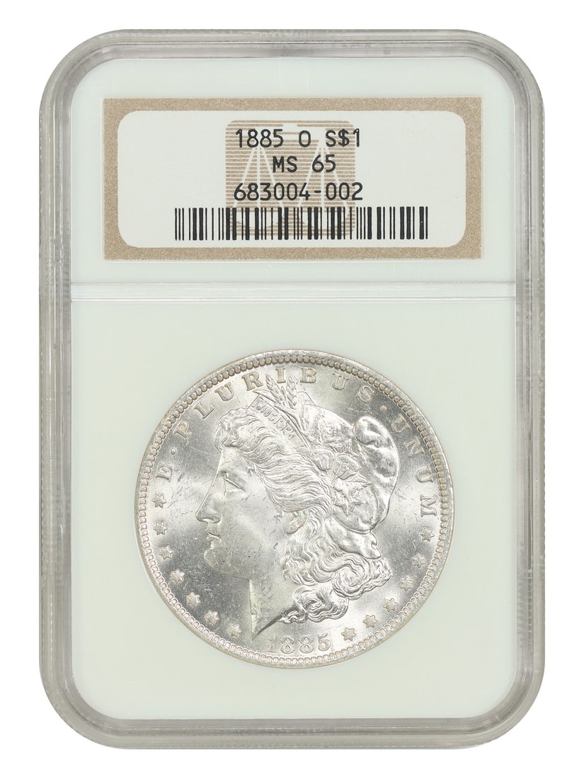 NGC MS65 1885-O Morgan Dollar New Orleans $1 Coin: NGC MS65 1885-O Morgan Dollar New Orleans $1 Coin 1885-O Morgan Dollar graded MS65 by NGC. This uncirculated $1 coin from the New Orleans Mint is a popular O-mint Morgan with a mintage of 9,185,000 pi