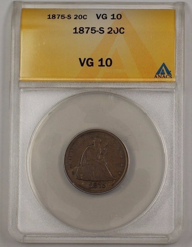 1875-S Seated Liberty 20 Cent Silver Coin ANACS Graded VG-10: 1875-S Seated Liberty 20 Cent Silver Coin ANACS Graded VG-10 This 1875-S United States Seated Liberty 20-cent coin is certified by ANACS with a grade of VG 10. Minted in San Francisco, the coin is com