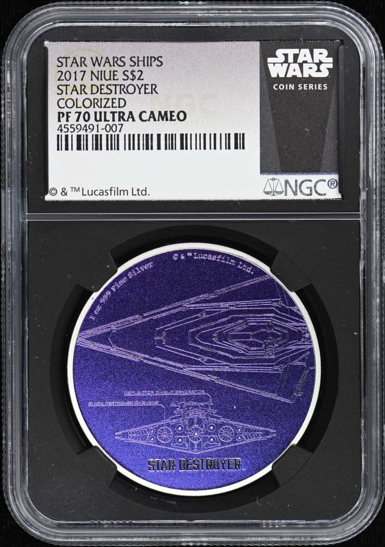 2017 Niue Star Destroyer Colorized S$2 NGC PR70DCAM Coin: 2017 Niue Star Destroyer Colorized S$2 NGC PR70DCAM Coin This stunning 2017 Niue Star Destroyer Colorized coin is a must-have for collectors. Graded PR70 by NGC, this uncirculated piece showcases exce