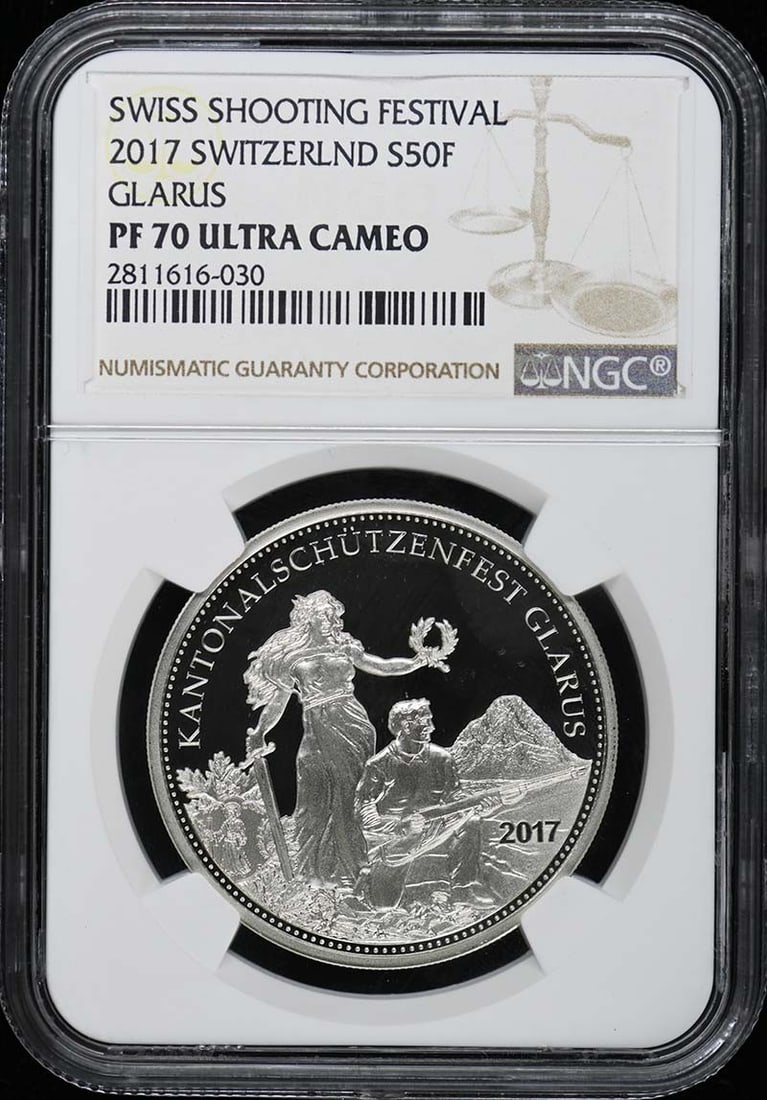 2017 Switzerland Glarus S50F Coin NGC PR70 Uncirculated: 2017 Switzerland Glarus S50F Coin NGC PR70 Uncirculated This coin is a 2017 Switzerland Glarus S50F, certified by NGC and graded PR70DCAM, indicating a proof coin in perfect, un-used condition. It is 