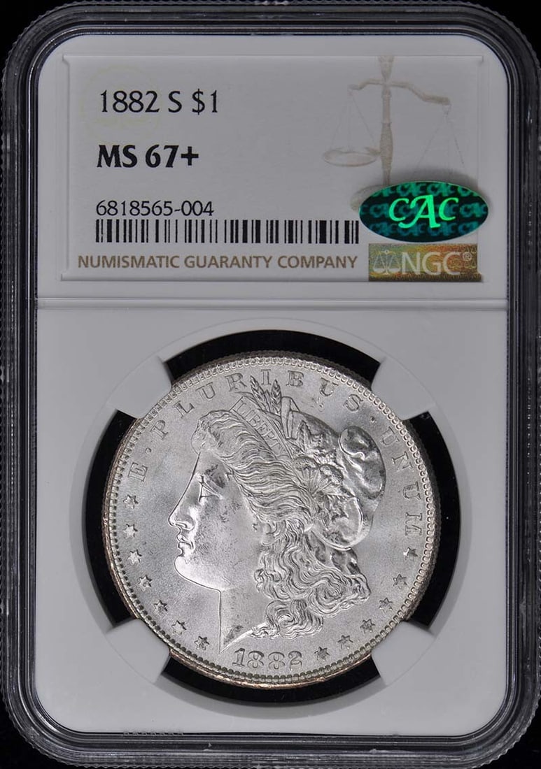 1882-S Morgan Dollar NGC MS67+ CAC Certified Uncirculated: 1882-S Morgan Dollar NGC MS67+ CAC Certified Uncirculated This 1882-S Morgan Dollar is an exquisite example of American coinage, certified by NGC with a remarkable grade of MS67+. It is an uncirculate