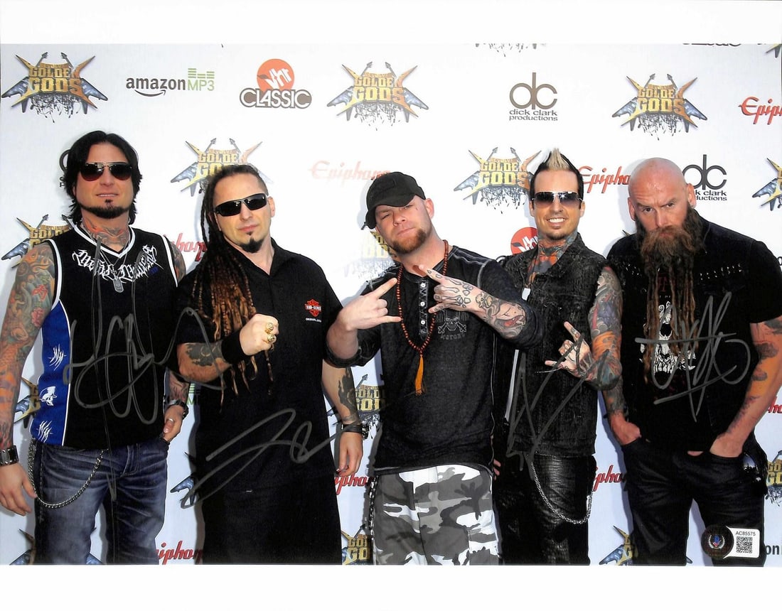 11x14 Beckett authenticated Five Finger Death Punch signed photo x4: 11x14 Beckett authenticated Five Finger Death Punch signed photo x4 This is an 11x14 photograph featuring members of the heavy metal band Five Finger Death Punch. The photo has been hand-signed by Chr