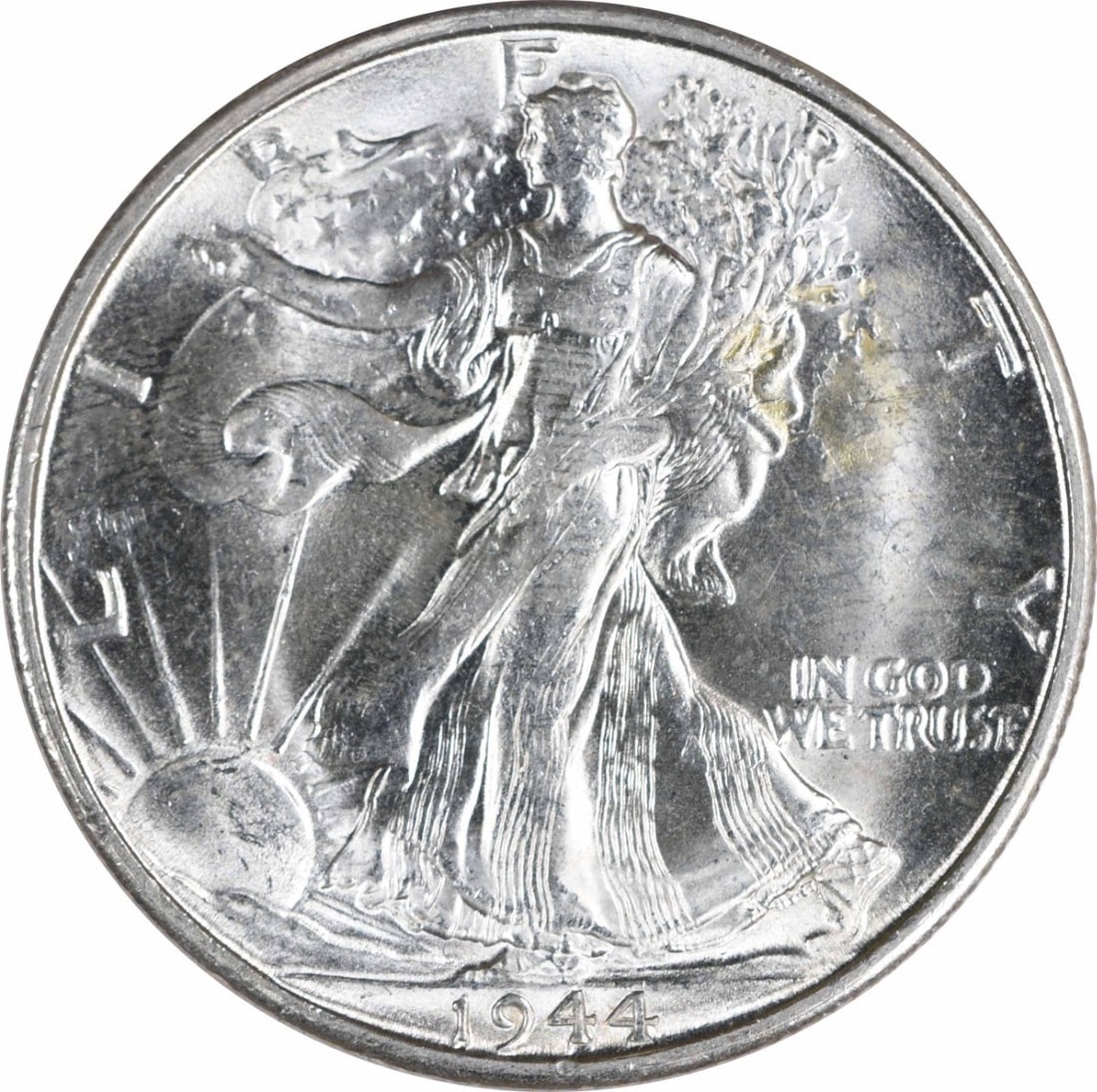 1944-S Walking Liberty 50C Silver Choice BU Uncertified: 1944-S Walking Liberty 50C Silver Choice BU Uncertified This is a 1944-S Walking Liberty Silver Half Dollar from the United States. The coin is uncirculated and graded as Choice Brilliant Uncirculated