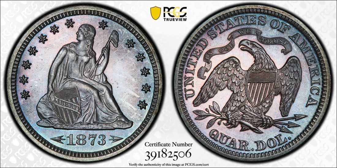 PCGS PR65 1873 Seated Liberty Quarter 25C Arrows Proof: PCGS PR65 1873 Seated Liberty Quarter 25C Arrows Proof 1873 Proof Seated Liberty Quarter 25C with Arrows, certified by PCGS and graded PR65. This United States coin is struck in silver with 0.9 finene