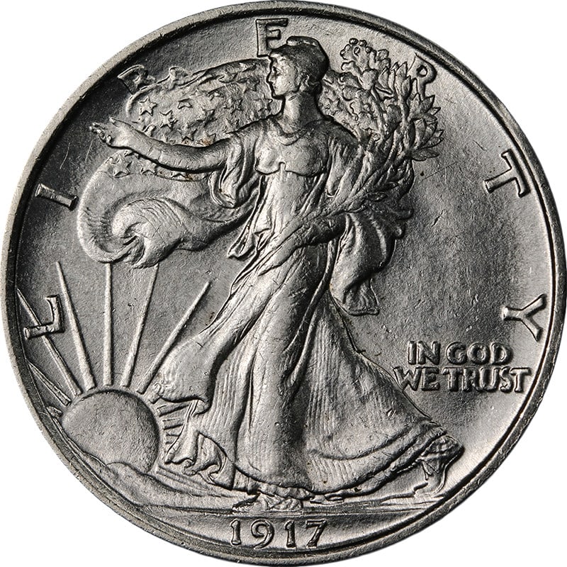 1917 P Silver Walking Liberty Half Choice AU BU Blast White: 1917 P Silver Walking Liberty Half Choice AU BU Blast White This 1917-P Walking Liberty Half Dollar features exceptional eye appeal, brilliant luster, and a strong strike. The coin is blast white with