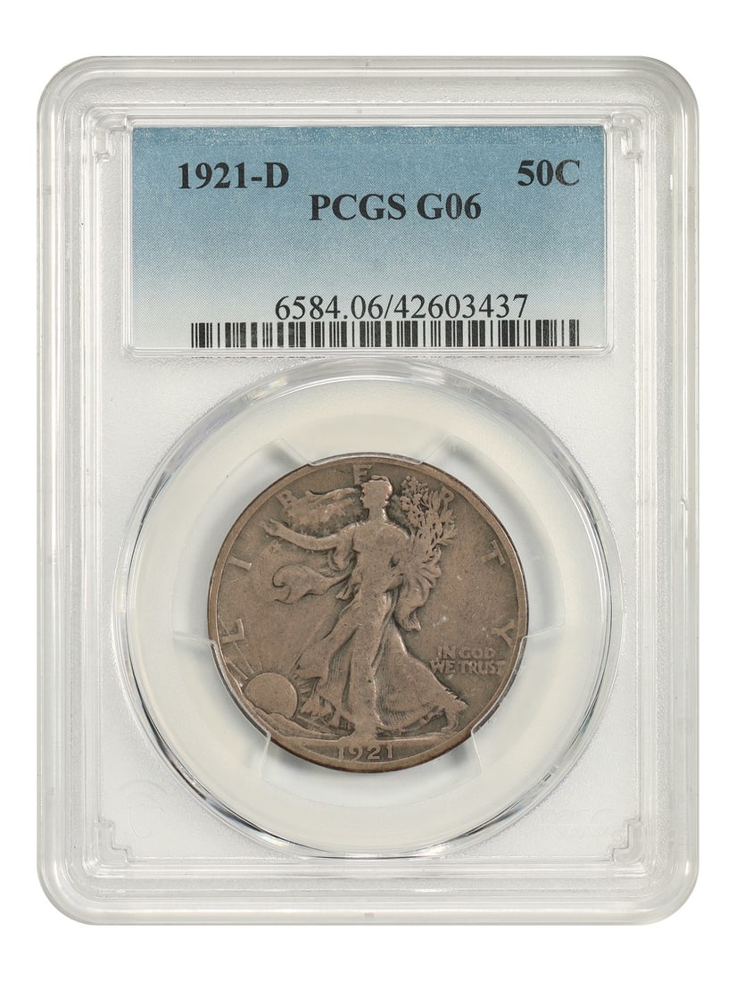 PCGS Good 06 1921-D Walking Liberty Half Dollar 50C Key Date: PCGS Good 06 1921-D Walking Liberty Half Dollar 50C Key Date 1921-D Walking Liberty Half Dollar, denominated 50C and struck at the Denver Mint. This circulated coin is certified by PCGS and graded Goo