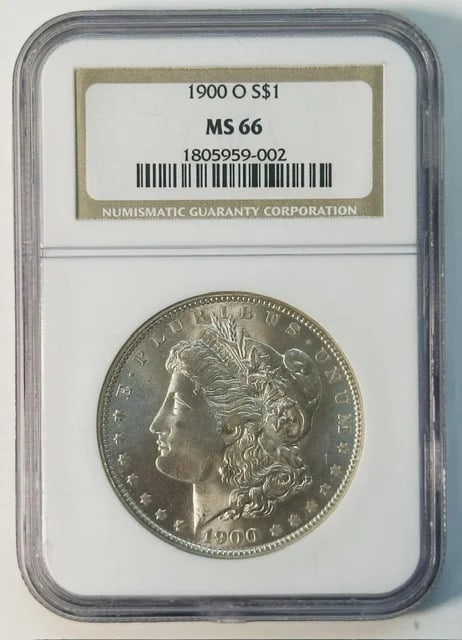 NGC MS 66 1900 O Morgan Silver Dollar: NGC MS 66 1900 O Morgan Silver Dollar 1900 O Morgan Silver Dollar certified by NGC and graded MS 66. This pre-owned coin is composed of silver and has a denomination of one dollar. The mint location i