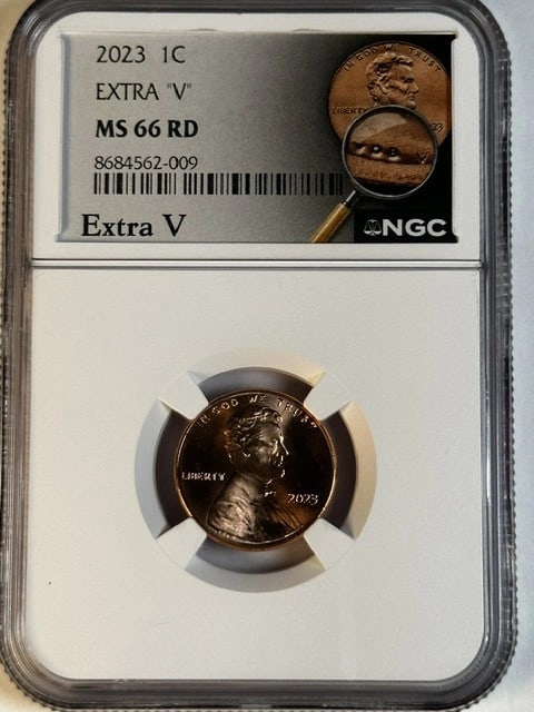 NGC MS-66 RD 2023 Lincoln Penny VDB Extra V: NGC MS-66 RD 2023 Lincoln Penny VDB Extra V This 2023 VDB Lincoln Penny is graded MS-66 RD by NGC and features an extra "V" variety. The coin is composed of copper and originates from the USA. It is a