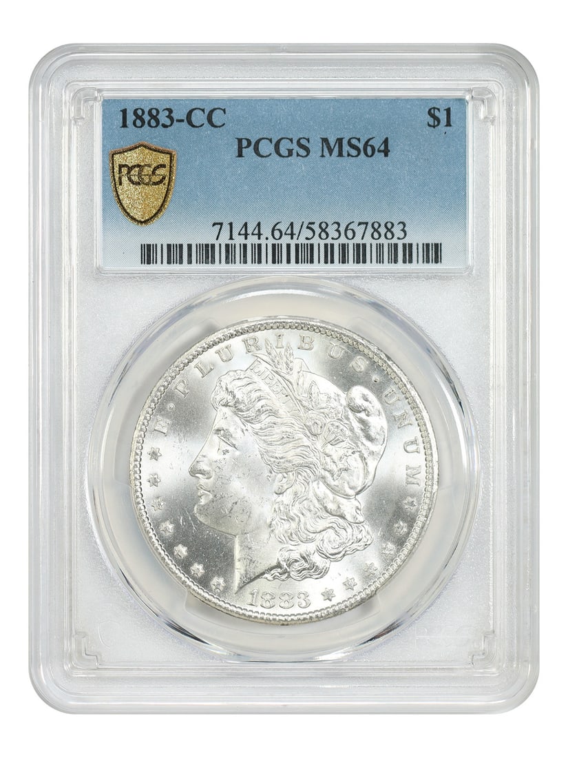 PCGS MS64 1883 CC Morgan Silver Dollar Carson City $1: PCGS MS64 1883 CC Morgan Silver Dollar Carson City $1 An 1883-CC Morgan Dollar $1 certified by PCGS and graded MS64. This uncirculated Carson City issue is identified as one of the more common CC-mint