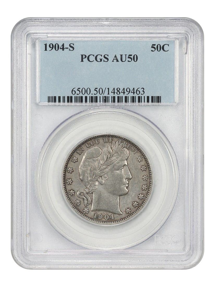 PCGS AU50 1904-S Barber Half Dollar Key Date 50C Coin: PCGS AU50 1904-S Barber Half Dollar Key Date 50C Coin 1904-S Barber Half Dollar, certified by PCGS AU50. This circulated 50C coin from the San Francisco Mint is described as the key to the Barber half