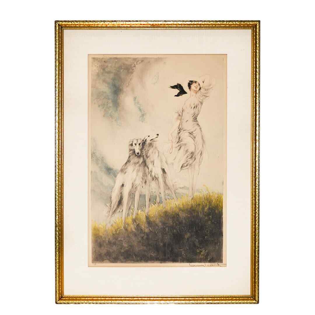 Louis Icart Joy of Life Art Deco Signed Limited Edition Print: Louis Icart Joy of Life Art Deco Signed Limited Edition Print This limited edition 1929 etching titled "Joy of Life" by Louis Icart features a depiction of a woman with two dogs walking through a gras