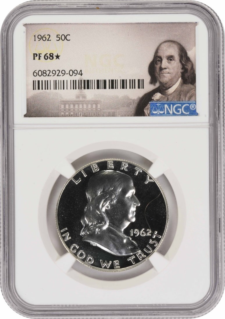 NGC PR68 1962 Franklin Proof Half Dollar 50C Silver: NGC PR68 1962 Franklin Proof Half Dollar 50C Silver A 1962 Franklin Silver Half Dollar graded PR68 by NGC. This uncirculated proof coin is composed of 90% silver and 10% copper, with a reeded edge and