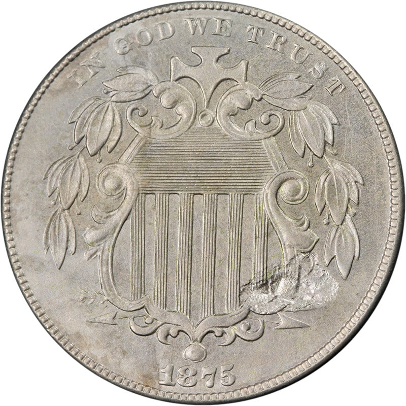 1875 Shield Nickel Proof Error Strong Strike Uncertified: 1875 Shield Nickel Proof Error Strong Strike Uncertified This 1875 Shield Nickel showcases an impressive proof error with a strong strike, making it a remarkable addition for collectors. The coin exhi