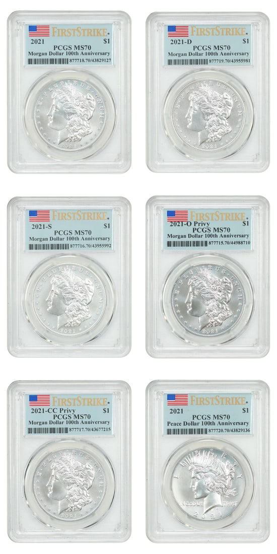PCGS First Strike MS70 6 Coin 2021 Morgan Peace Dollar Set: PCGS First Strike MS70 6 Coin 2021 Morgan Peace Dollar Set 2021 $1 Morgan and Peace set certified by PCGS in MS70 First Strike condition. The lot includes six coins: 2021 Morgan, 2021-D, 2021-S, 2021-