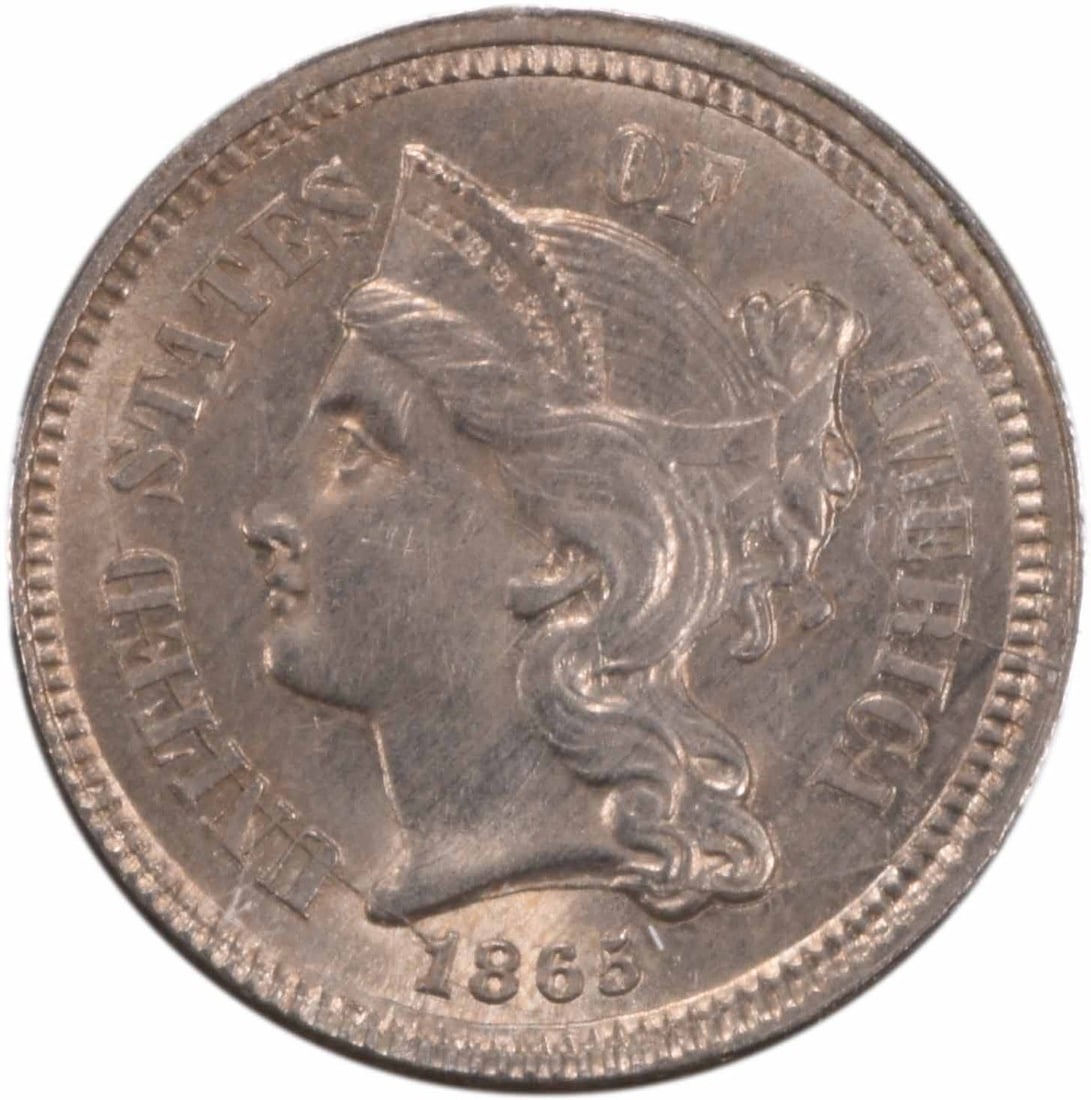 Uncirculated 1865 Three Cent Nickel RPD FS-302 Brilliant Uncirculated Coin: Uncirculated 1865 Three Cent Nickel RPD FS-302 Brilliant Uncirculated Coin This is an 1865 Three Cent Nickel coin featuring the RPD FS-302 variety. The coin has a denomination of 3 cents and is compos
