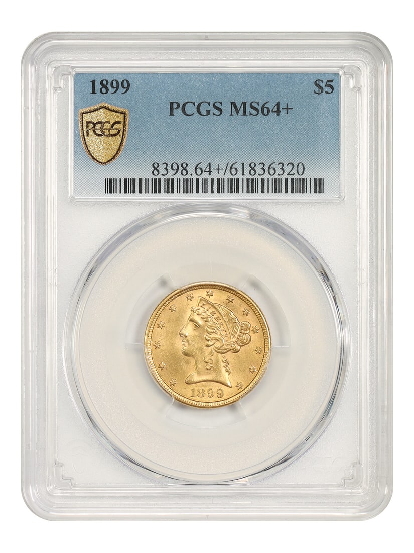 1899 Liberty Head $5 Gold Coin PCGS MS64+: 1899 Liberty Head $5 Gold Coin PCGS MS64+ 1899 Liberty Head $5 gold coin, certified by PCGS and graded MS64+. Minted in Philadelphia, this pre-owned example is described as a lovely near-gem plus-grad