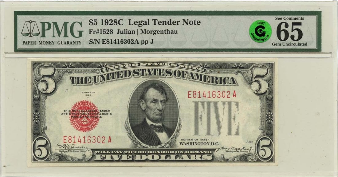 1928C $5 Legal Tender Note Fr# 1528 PMG MS65 Gem Uncirculated: 1928C $5 Legal Tender Note Fr# 1528 PMG MS65 Gem Uncirculated This 1928C $5 Legal Tender Note, designated Fr# 1528, is a remarkable piece of currency history, certified by PMG with a Gem65 EPQ grade. 