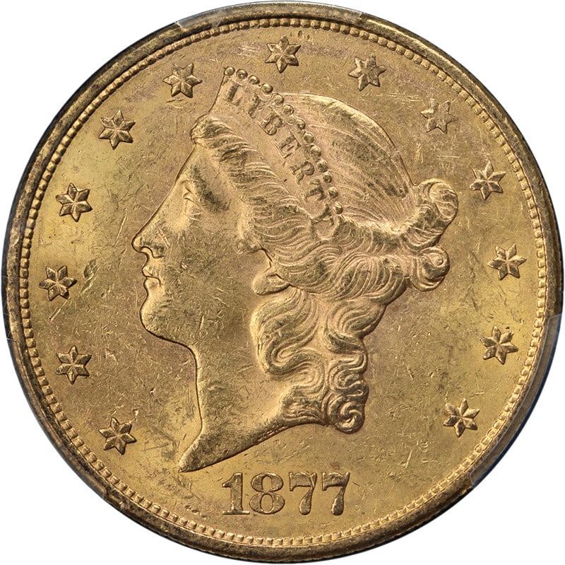 PCGS MS60 1877-S Liberty Head $20 Gold Coin: PCGS MS60 1877-S Liberty Head $20 Gold Coin This 1877-S Liberty Gold $20 coin is graded MS60 by PCGS, indicating an uncirculated condition with attractive luster and a strong strike. The coin features